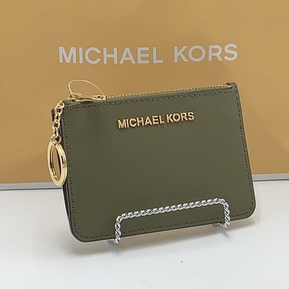 MICHAEL KORS SMALL TOP ZIP COINPOUCH WITH ID KEYCHAIN CARDHOLDER WALLET 
 OLIVE - Picture 4 of 16